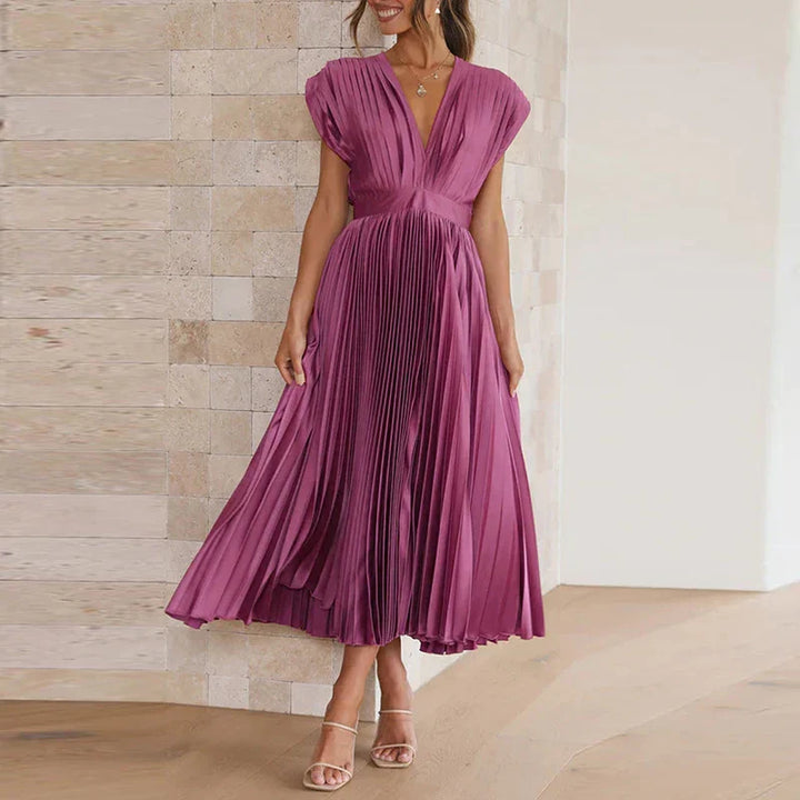 Pleated midi dress with a V-neckline and elegant short sleeves