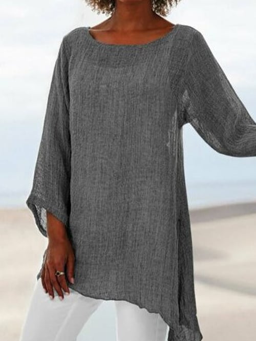 Emma - Women's Solid Color Round Neck Irregular Hem Long Sleeve Top
