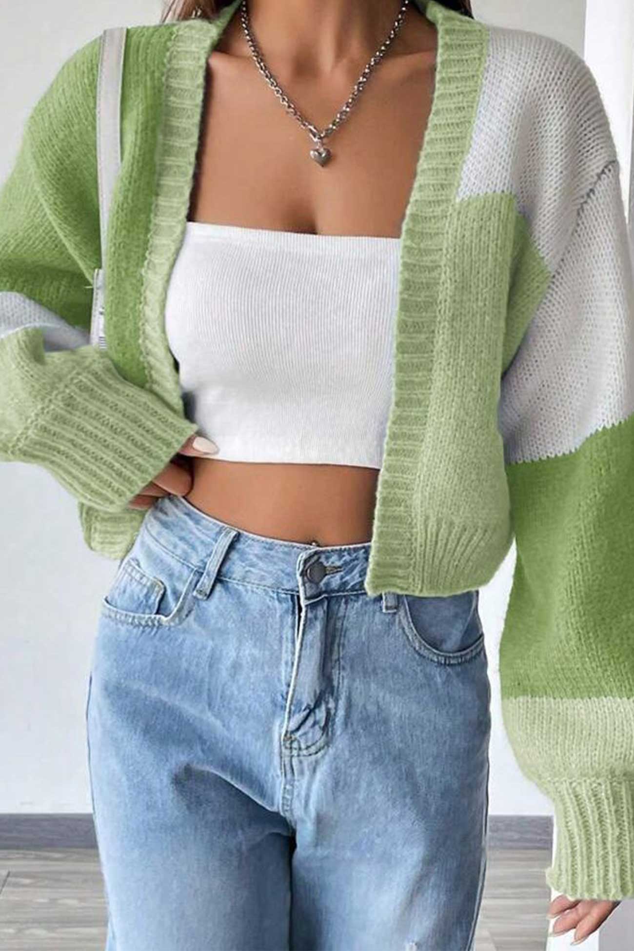Long Sleeve Open Front Color Block Cardigan