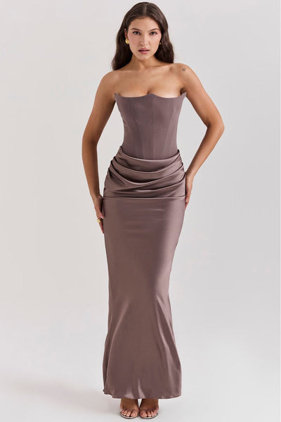 Strapless corset design evening dress with delicate pleats