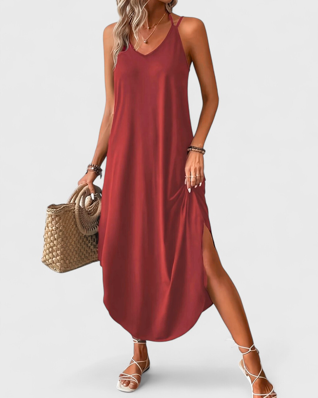 Long flowing dress with thin straps for everyday wear