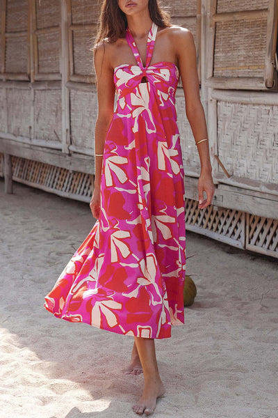 Carolina - Backless halterneck dresses with bohemian floral print