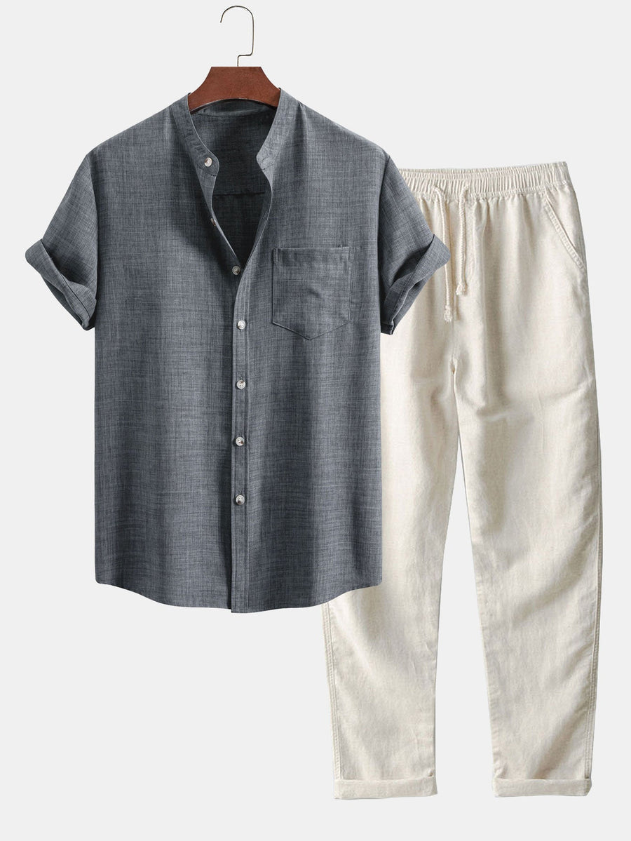 Men's set with short-sleeved mandarin collar shirt and casual straight-leg trousers