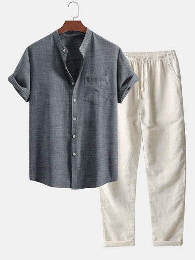 Men's set with short-sleeved mandarin collar shirt and casual straight-leg trousers