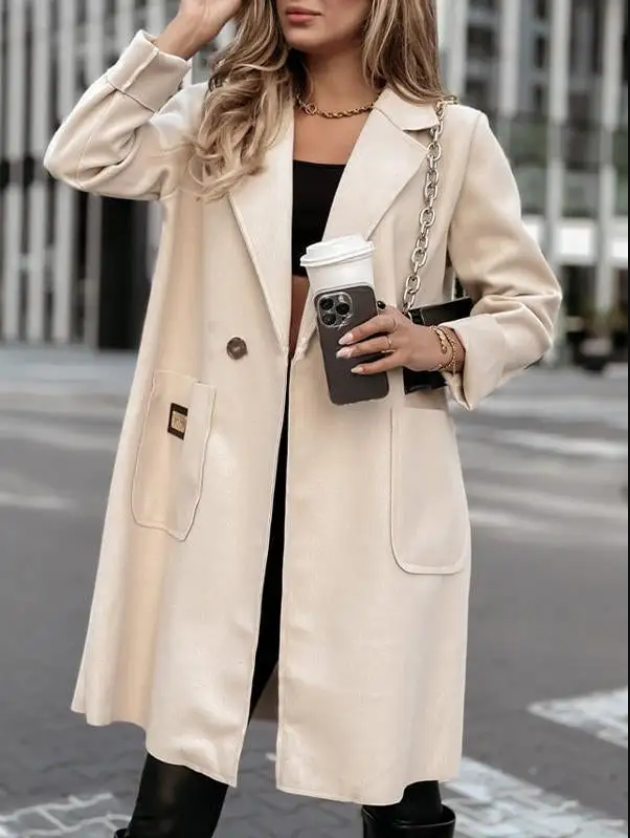Women's Casual Mid-Length Coat with Lapel and Long Sleeves