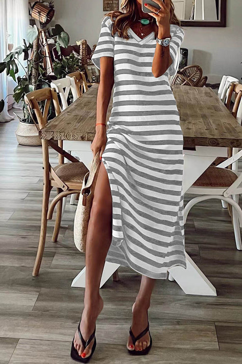 Fanny - Casual striped patchwork dress with V-neck and short sleeves