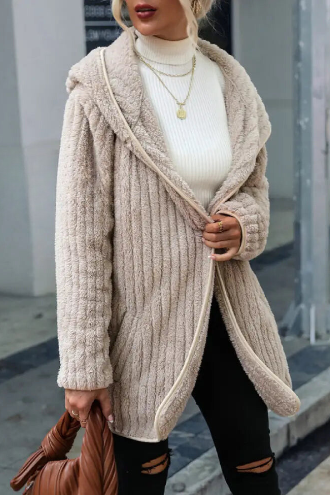 Light Brown Casual Hooded Drawstring Jacket - Solid Patch Design for Urban Style