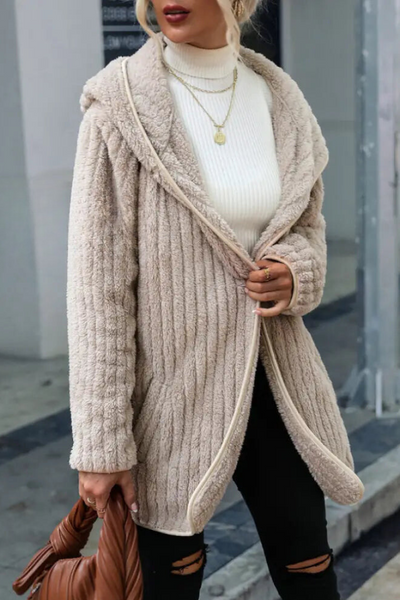 Light Brown Casual Hooded Drawstring Jacket - Solid Patch Design for Urban Style