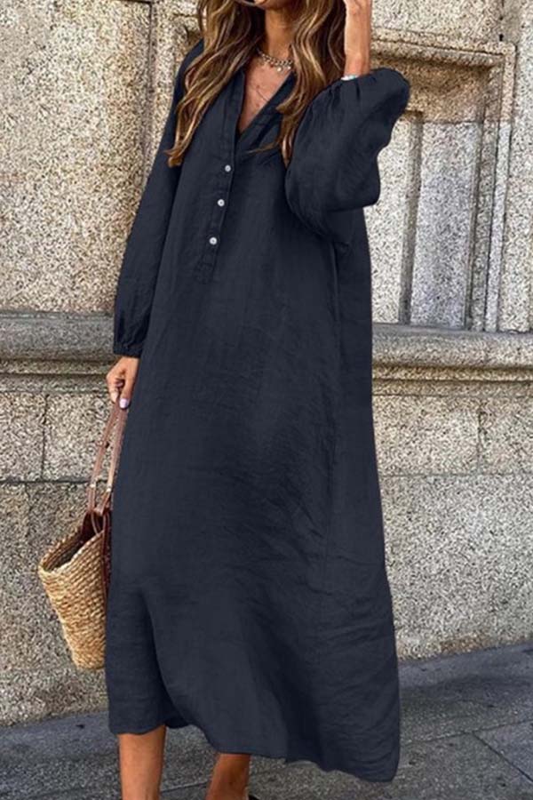 Monica - Button Down V-Neck Long Sleeve Solid Color Linen Cotton Jumpsuit