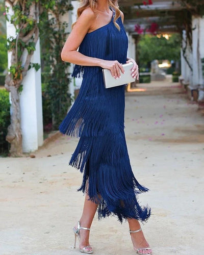 Elegant one-shoulder design fringe long midi dress