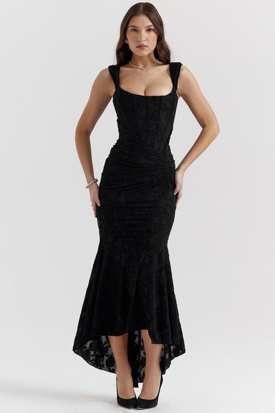 Elegant and sophisticated long dress with asymmetrical skirt and adjustable straps