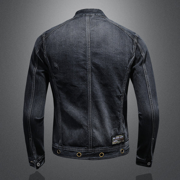 Dark Blue Denim Jacket with Stand-Up Collar and Zipper - Retro Style for Men