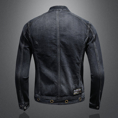 Dark Blue Denim Jacket with Stand-Up Collar and Zipper - Retro Style for Men