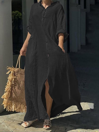 Karla - Loose Casual Plain Single Breasted Long Sleeve Pocket Pocket Maxi Dress