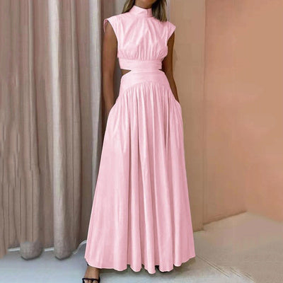 Claudia - Fashion High Neck Solid Color Casual Sleeveless Elegant Pleated Party Long Dress