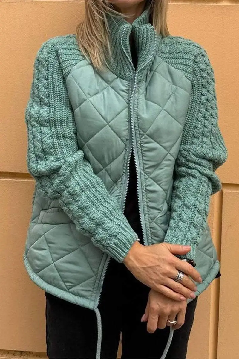 Casual Solid Color Patch Knit Jacket with Zipper Closure