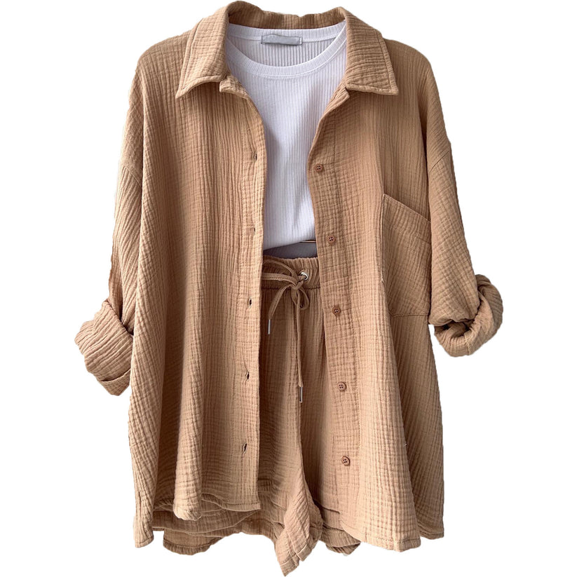 Women's summer set of flowing button-down shirt and matching shorts