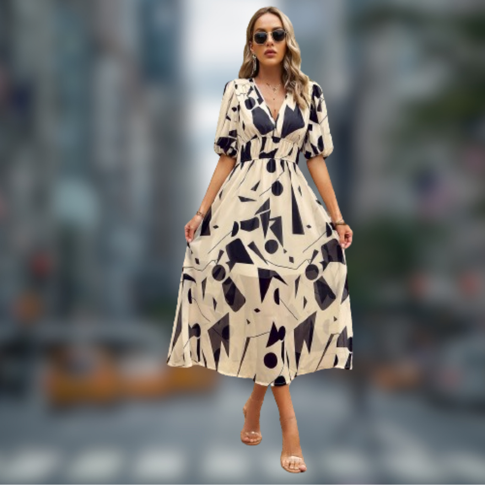 Elegant long dress for women with a V-neckline, ideal for informal occasions and special events.