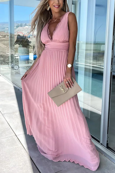 Elegant long dress with pleated V-neckline and lace detail