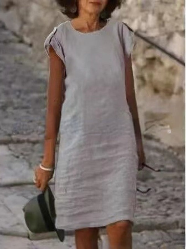 Fanny - Women's Multicolor Cotton Linen Sleeveless Round Neck Mid-Length Dress