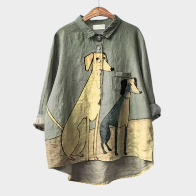 Loose-fitting blouse with partial buttons and a fun dog print