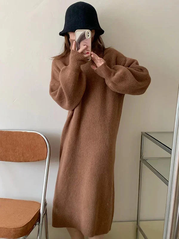 Women's Green High Neck Long Sleeve Midi Dress