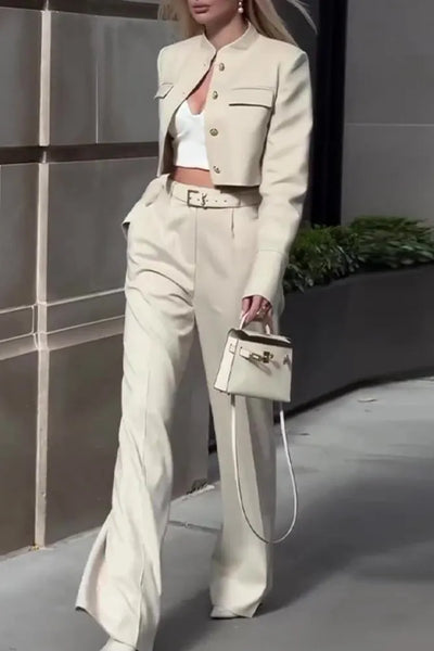 Casual Button-Down Blazer Set with Round Neck and Long Sleeves, and High-Waisted Flared Pants