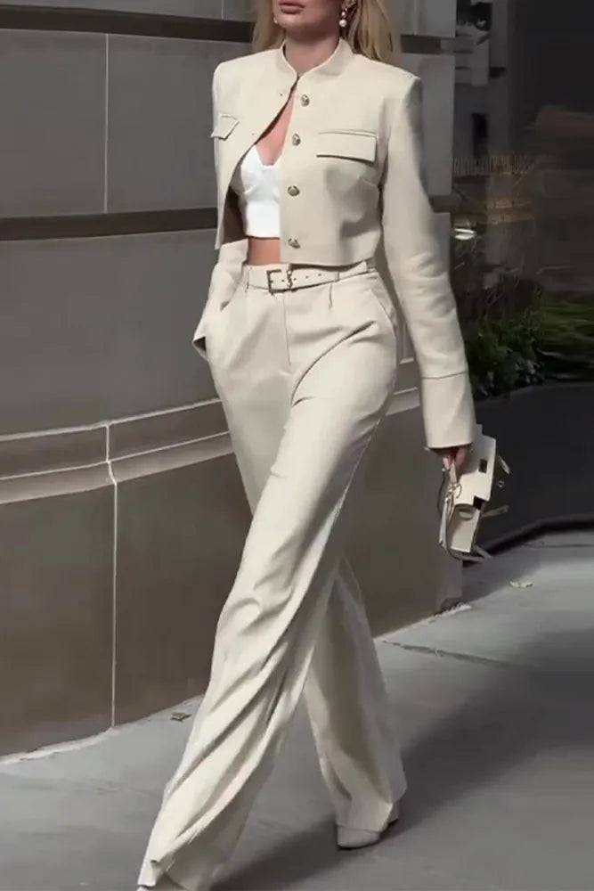 Casual Button-Down Blazer Set with Round Neck and Long Sleeves, and High-Waisted Flared Pants