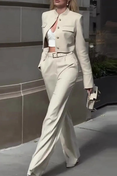 Casual Button-Down Blazer Set with Round Neck and Long Sleeves, and High-Waisted Flared Pants