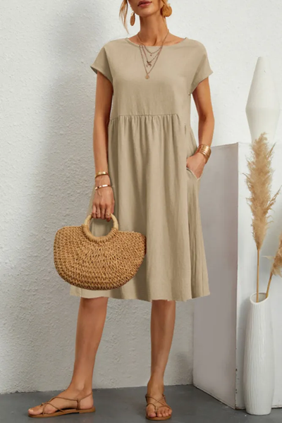 Melanie - Casual Solid Patchwork Dress with O-Neck and Short A-Line Sleeves