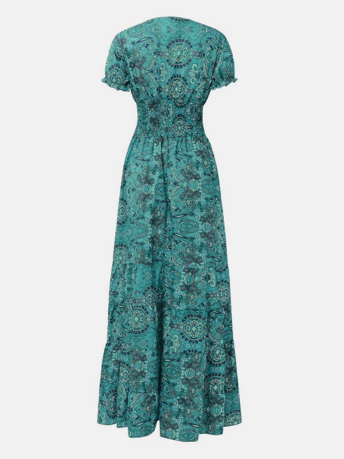 Linda - Full Size Smocked Print V-Neck Short Sleeve Dress