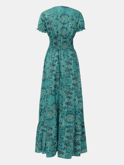 Linda - Full Size Smocked Print V-Neck Short Sleeve Dress