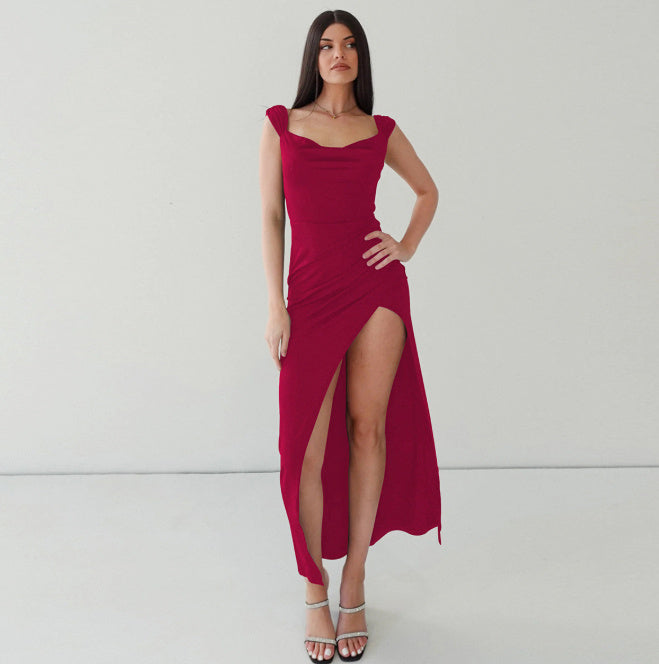 Long sleeveless dress with square neckline and elegant side slit