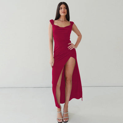 Long sleeveless dress with square neckline and elegant side slit