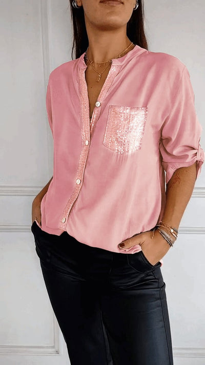 Malena - Cotton Leisure Top with V-Neck and Sequins and Mid-Length Sleeves