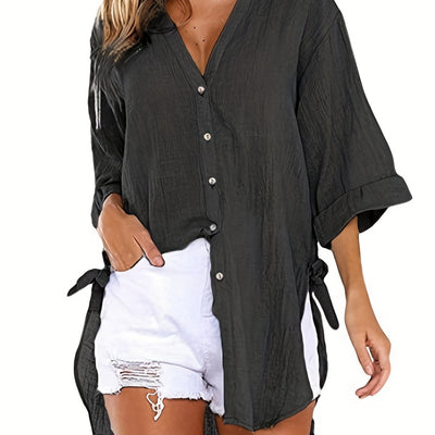 Emma - Casual Solid Color Short Sleeve Neckline Blouse
