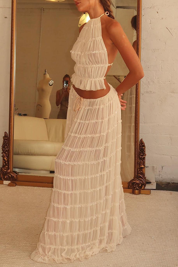 Lightweight Summer Set with Vintage Style Pleated Long Skirt and Bow Waist with Top