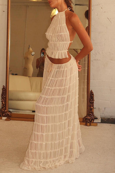 Lightweight Summer Set with Vintage Style Pleated Long Skirt and Bow Waist with Top