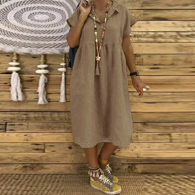 Laia - Women's Plus Size Cotton and Linen Short-Sleeved Midi Dress