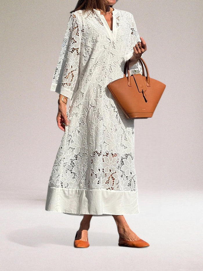 Elegant long dress with classic-inspired openwork details
