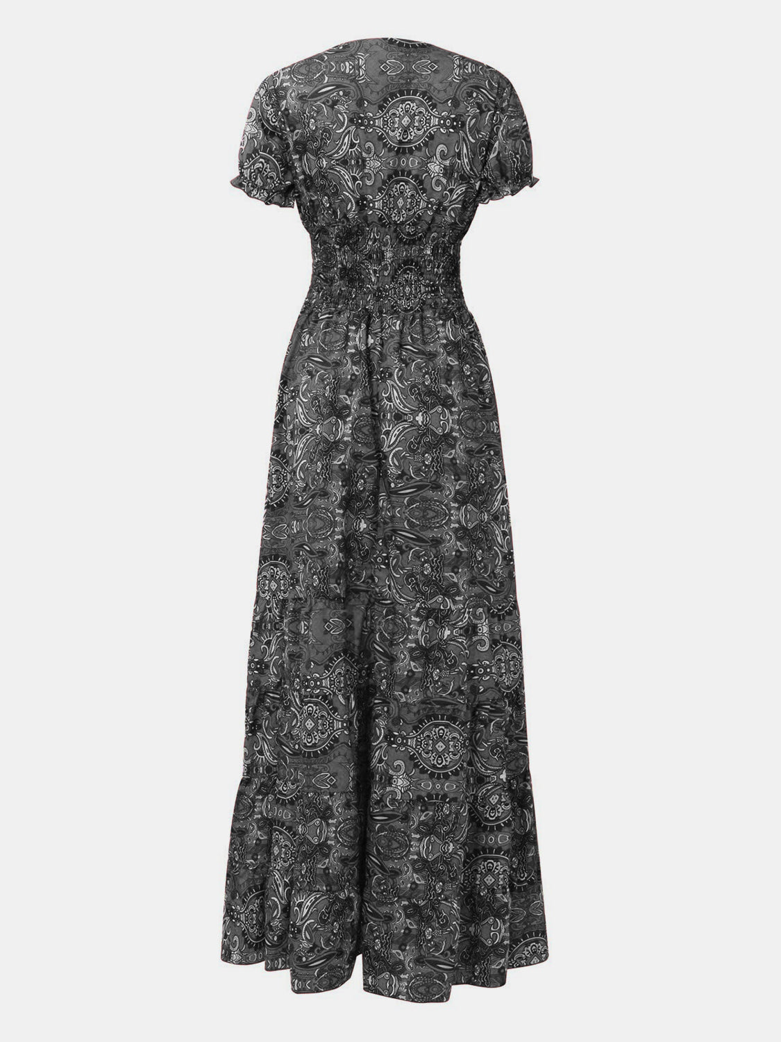 Linda - Full Size Smocked Print V-Neck Short Sleeve Dress