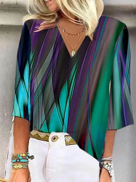 Diana - Women's 3/4 Sleeve V-Neck Abstract Floral Colorful Summer Blouse