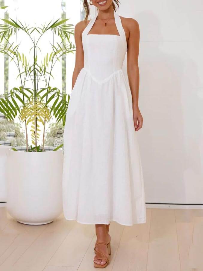 Amalie - Little black halterneck dress with a fitted mid-calf waist