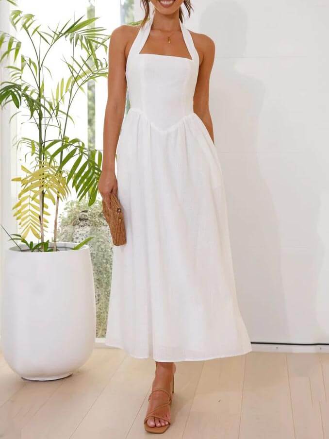 Amalie - Little black halterneck dress with a fitted mid-calf waist