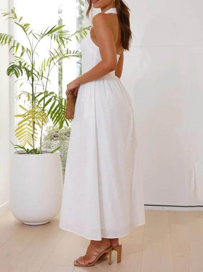 Amalie - Little black halterneck dress with a fitted mid-calf waist