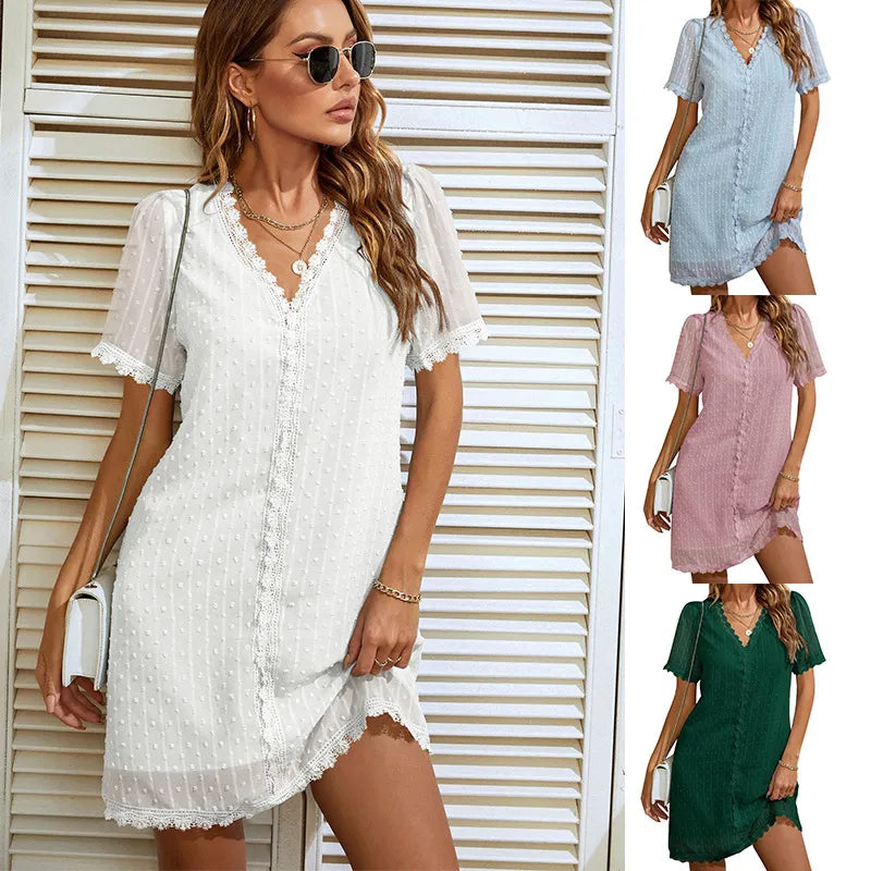 Camila - Women's V-Neck Lace Patchwork Half Sleeve Dress - Casual Style