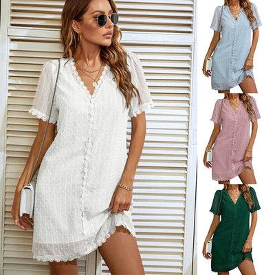 Camila - Women's V-Neck Lace Patchwork Half Sleeve Dress - Casual Style