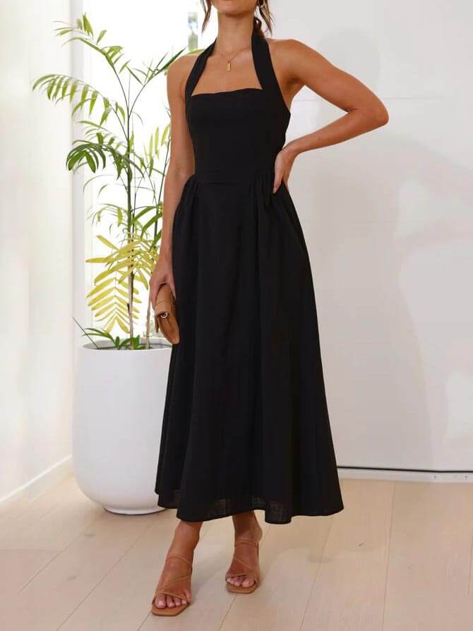 Amalie - Little black halterneck dress with a fitted mid-calf waist