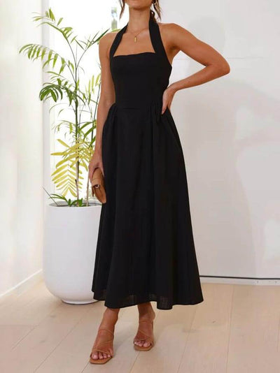 Amalie - Little black halterneck dress with a fitted mid-calf waist