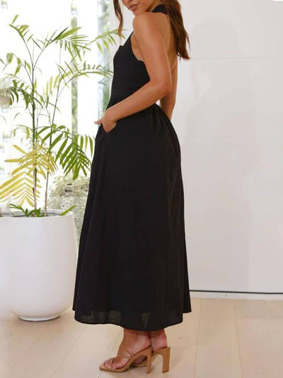 Amalie - Little black halterneck dress with a fitted mid-calf waist